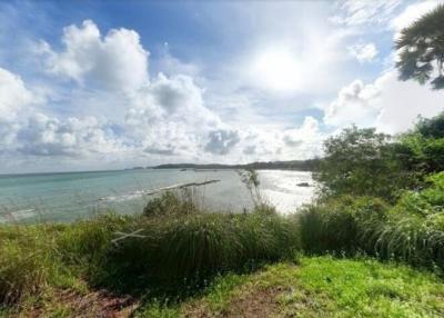 Scenic waterfront view with lush greenery and clear skies