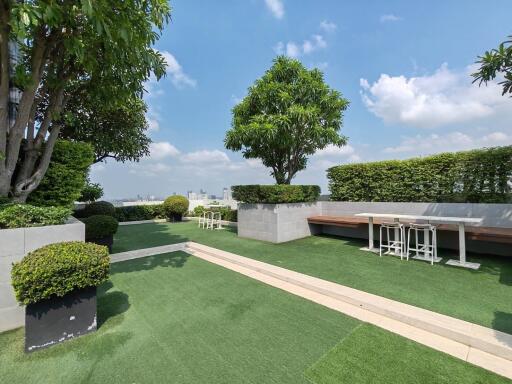 Spacious rooftop terrace with green artificial grass, planters with trees, and a seating area under a clear blue sky