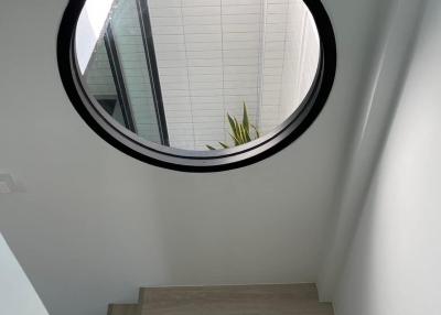 Circular window staircase with view of the outdoors