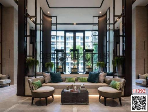 Elegant modern lobby with comfortable seating and expansive windows