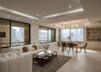 Spacious living room with dining area, large windows, and city view