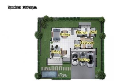 Architectural layout of the first floor, including living, dining, kitchen, bedroom, maid