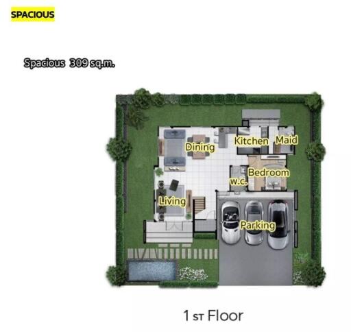 Architectural layout of the first floor, including living, dining, kitchen, bedroom, maid