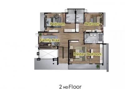 Detailed second-floor plan of a home showcasing bedrooms and family area