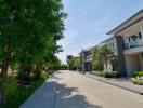 Quiet suburban street with modern houses and lush greenery