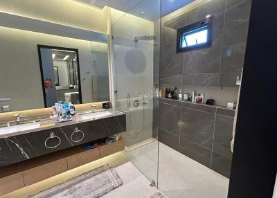Modern bathroom with walk-in shower and double vanity