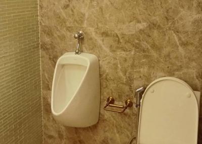 Marble tiled bathroom with a urinal and toilet