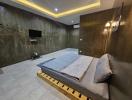 Modern bedroom interior with dark walls and ambient lighting
