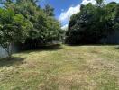 Spacious backyard with lush greenery and clear skies