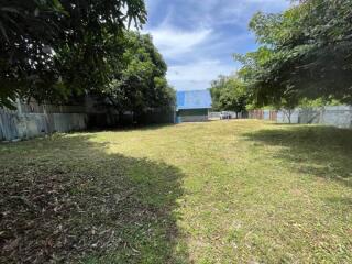 Spacious backyard with green lawn and surrounding trees