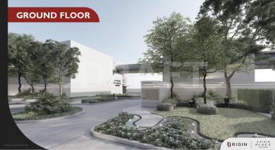 Architectural render of a ground floor with landscaping