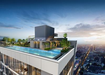 modern rooftop with swimming pool and skyline view at dusk