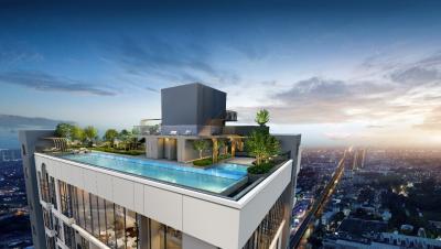 modern rooftop with swimming pool and skyline view at dusk