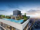 modern rooftop with swimming pool and skyline view at dusk