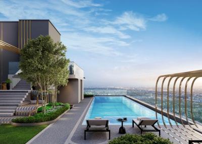 Luxurious rooftop swimming pool with city skyline view at dusk