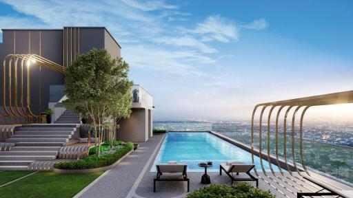 Luxurious rooftop swimming pool with city skyline view at dusk