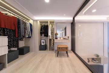 Modern bedroom with walk-in closet and wooden flooring