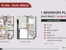 Unit plan of a one bedroom plus duo space apartment measuring 34 square meters