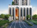 Modern Residential Building Exterior with Elegant Arch Entrance