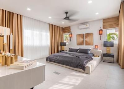 Spacious and modern bedroom with ample lighting and elegant decor