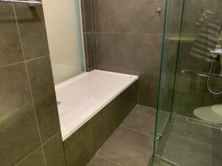 Modern bathroom with a bathtub and glass shower enclosure