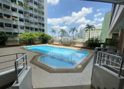 Swimming pool area with city view in a residential building complex