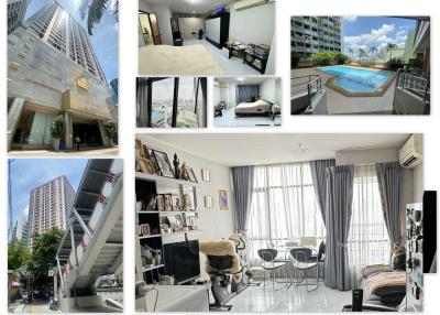 Collage of various rooms and building facilities, including exterior, bedrooms, living room, and pool area