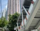 High-rise apartment building viewed from street level