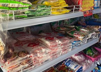 Shelves stocked with various food and household items in a convenience store