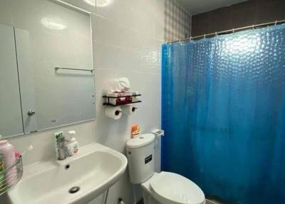 Compact bathroom with white fixtures and blue shower curtain