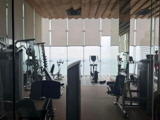 Modern gym with floor-to-ceiling windows and city view