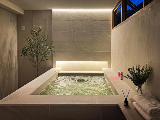 Modern bathroom with large built-in bathtub and ambient lighting