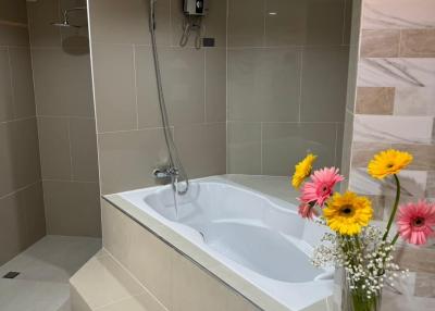 Modern bathroom with bathtub and elegant tiling