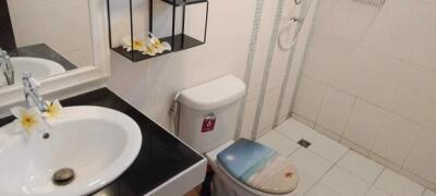 Compact bathroom with white sink and toilet