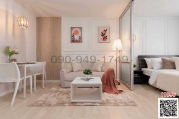 Modern and cozy living room with dining area and adjoining bedroom