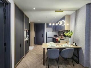 Modern kitchen interior with dining area