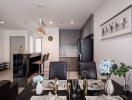 Modern dining and kitchen space with elegant table setting