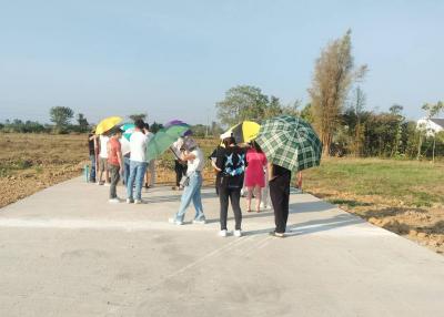 Group of people with umbrellas standing on a concrete pathway in a developing outdoor area