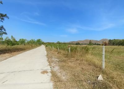 Concrete pathway through a rural landscape with mountains in the distance under a clear blue sky