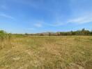 Expansive open field with blue sky and distant mountains