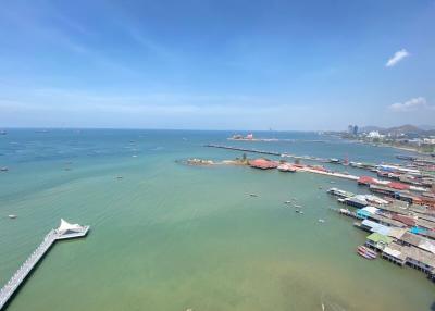 Panoramic aerial view of a coastal area with clear skies