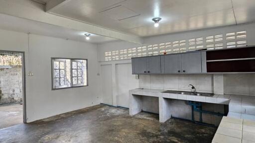 Spacious kitchen with concrete floor and built-in cabinetry