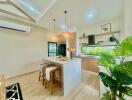 Modern kitchen with wooden accents and pendant lighting