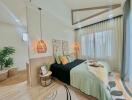 Cozy bedroom interior with modern decor and ample lighting