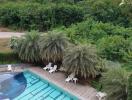 Aerial view of a pool area surrounded by lush greenery