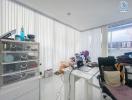 Modern home office space with a desk and shelving unit