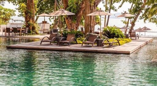 Luxurious resort-style poolside with sun loungers and tropical ambiance