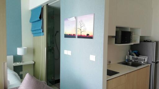 Compact studio apartment interior with integrated sleeping area, kitchenette, and bathroom