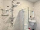 Modern bathroom with marble tiles, glass shower, and wall-mounted toilet