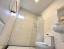 Modern bathroom interior with tiled walls and flooring